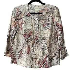 Chico's Paisley Print Jacket Button‎ Front 3/4 Sleeve Career Top Size 2
